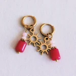 RVS creolen met rechthoekige edelsteen en zon - fuchsia